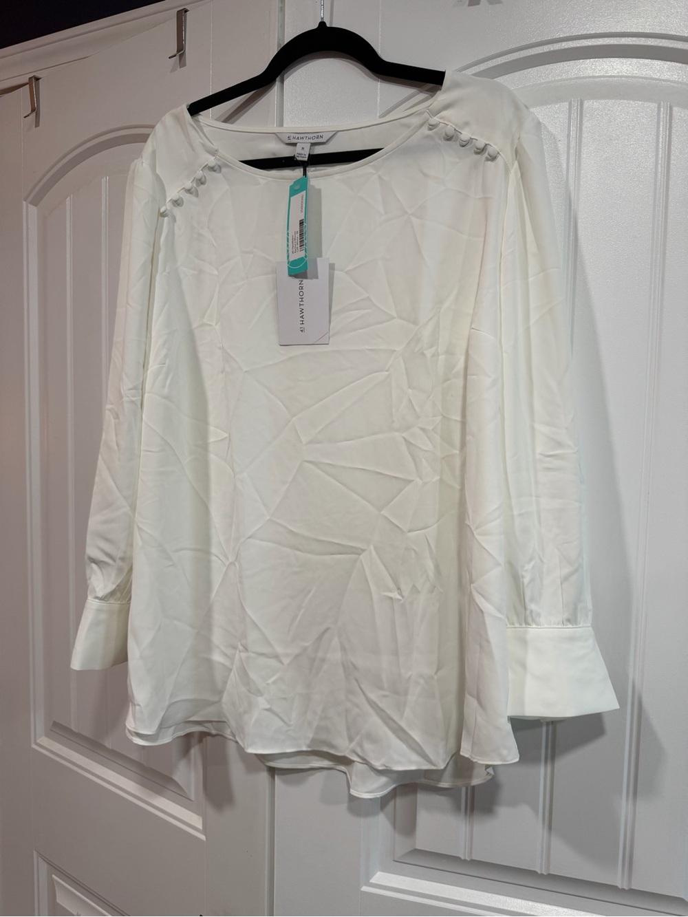 41 Hawthorn White Boatneck Blouse with Button Shoulder Detail
